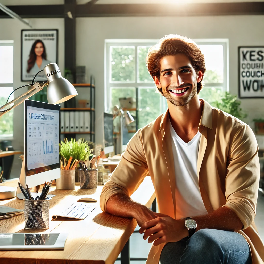 Modern office with a career coaching client who looks very happy at work.