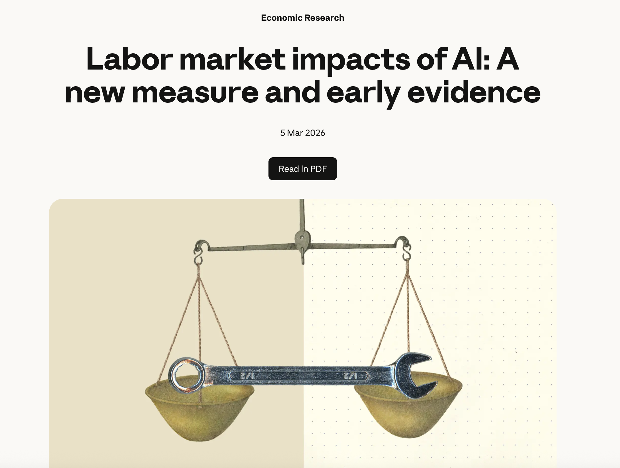 Image of Anthropic, report front "Labor market impacts of AI: A new measure and early evidence"